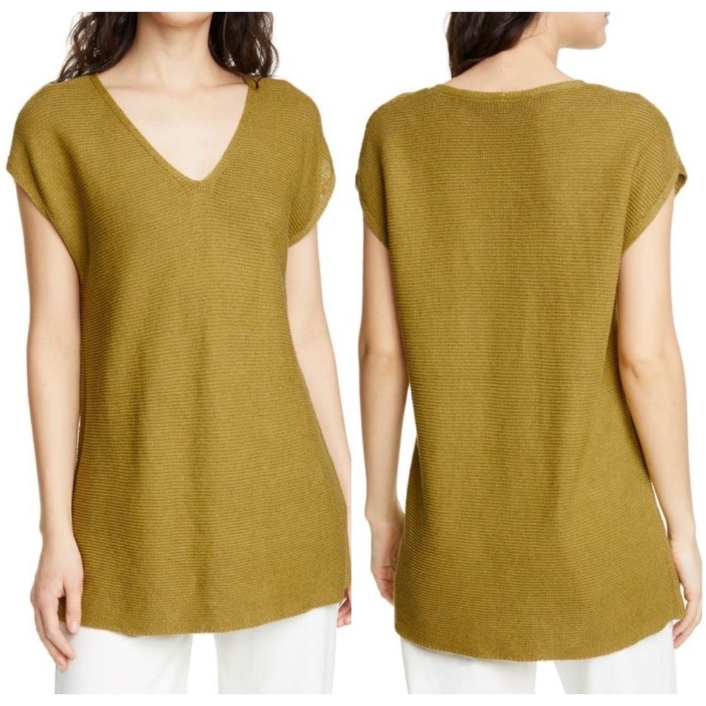 Eileen Fisher Chartreuse Green Organic Linen Cotton V-Neck Tunic Sweater S